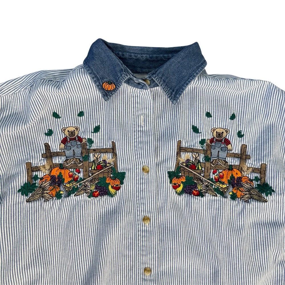 Vintage 1990s Autumnal Teddy Bear Embroidered Cotton Button Down Shirt Size Med